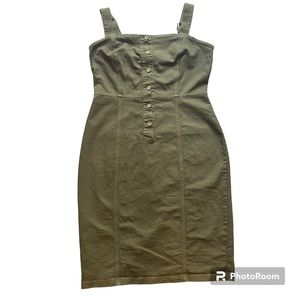 Large black label overall dress in olive green